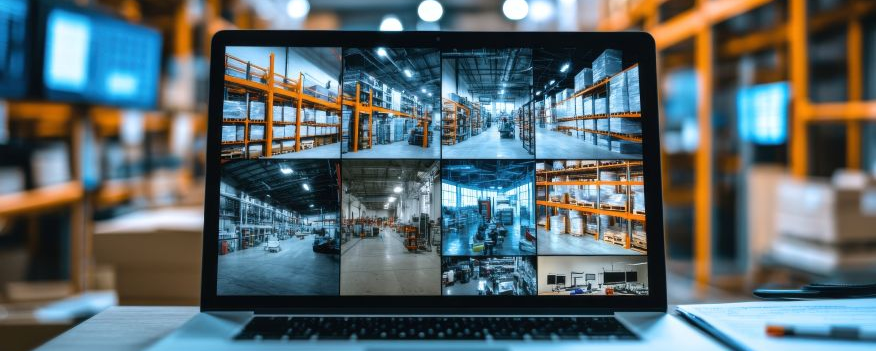 Commercial security cameras in use in a warehouse